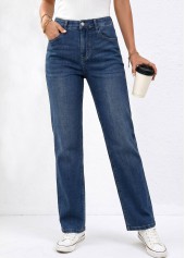 Denim Blue Straight Leg Zipper Fly High Waisted Jeans