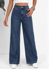 Denim Blue Wide Leg Zipper Fly High Waisted Jeans