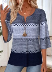 Navy Striped Patchwork 3/4 Sleeve Split Neck T Shirt