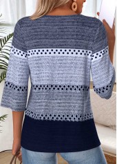 Navy Striped Patchwork 3/4 Sleeve Split Neck T Shirt | thumb picture 