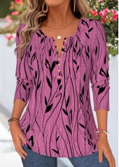 Violet Floral Print Tuck Stitch Long Sleeve T Shirt