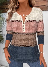 Multi Color Striped Tuck Stitch Long Sleeve T Shirt