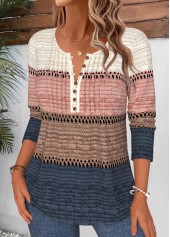 Multi Color Striped Tuck Stitch Long Sleeve T Shirt | thumb picture 