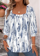 Blue Geometric Print Button 3/4 Sleeve T Shirt