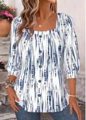 Blue Geometric Print Button 3/4 Sleeve T Shirt | thumb picture 