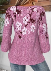 Violet Floral Print Button 3/4 Sleeve Round Neck Blouse | thumb picture 
