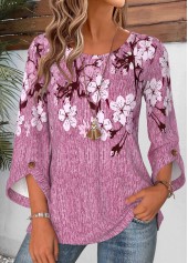 Violet Floral Print Button 3/4 Sleeve Round Neck Blouse | thumb picture 