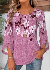 Violet Floral Print Button 3/4 Sleeve Round Neck Blouse