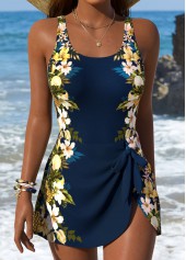 Navy Tie Floral Print One Piece Swimdress