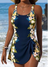 Navy Tie Floral Print One Piece Swimdress | thumb picture 