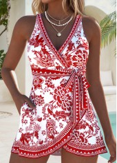 Brick Red Bowknot Random Floral Print One Piece Swimdress