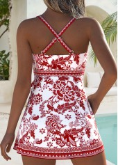 Brick Red Bowknot Random Floral Print One Piece Swimdress | thumb picture 