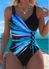 Black Lace Up Dazzle Colorful Print One Piece Swimwear