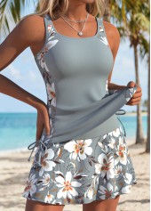 Light Grey Mid Waisted Patchwork Floral Print Tankini Set | thumb picture 