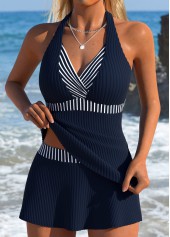 Navy Mid Waisted Fake 2in1 Striped Tankini Set | thumb picture 