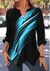 Black Ombre Handkerchief Hem 3/4 Sleeve Split Neck Blouse | thumb picture 