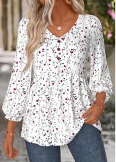 White Ditsy Floral Print Shirred 3/4 Sleeve Blouse