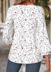 White Ditsy Floral Print Shirred 3/4 Sleeve Blouse | thumb picture 