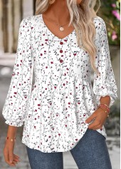 White Ditsy Floral Print Shirred 3/4 Sleeve Blouse | thumb picture 