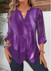 Purple Dazzle Colorful Print Handkerchief Hem 3/4 Sleeve Blouse