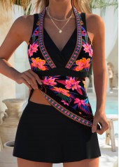 Black Mid Waisted Layered Random Floral Print Tankini Set