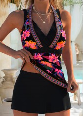 Black Mid Waisted Layered Random Floral Print Tankini Set | thumb picture 