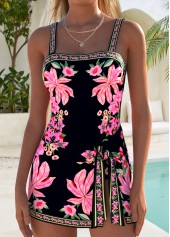Black Layered Floral Print One Piece Swimdress