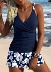 Navy Mid Waisted Surplice Floral Print Tankini Set