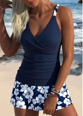 Navy Mid Waisted Surplice Floral Print Tankini Set | thumb picture 