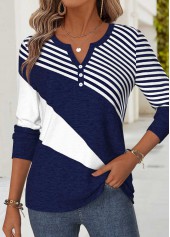 Navy Geometric Print Curved Hem Long Sleeve T Shirt