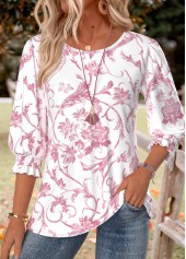 Light Pink Floral Print Smocked 3/4 Sleeve Blouse