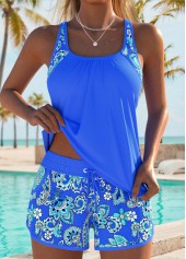 Blue Mid Waisted Patchwork Tribal Print Tankini Set