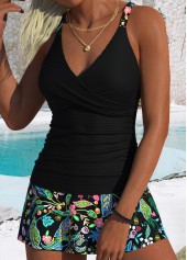 Black Mid Waisted Surplice Floral Print Tankini Set | thumb picture 