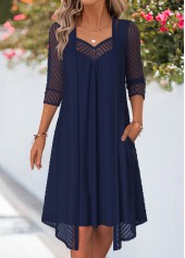 Navy Fake 2in1 3/4 Sleeve Heart Collar Dress