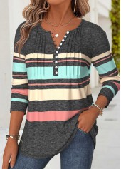 Multi Color Striped Tuck Stitch Long Sleeve T Shirt