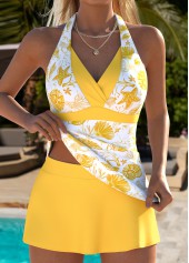Yellow Mid Waisted Layered Floral Print Tankini Set