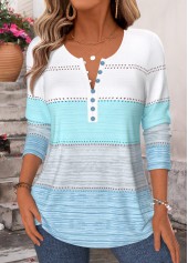 Blue Striped Button Long Sleeve Split Neck T Shirt