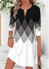 Black Geometric Print Short Tummy Coverage Long Sleeve Dress