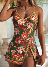 Green Fake 2in1 Floral Print One Piece Swimdress