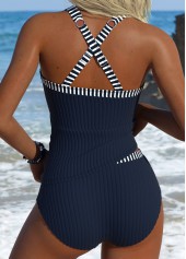 Navy Mid Waisted Tummy Coverage Striped Tankini Set | thumb picture 