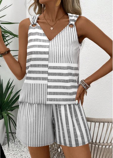women clothes image of Grey Striped Sleeveless V Neck Tank Top and Shorts