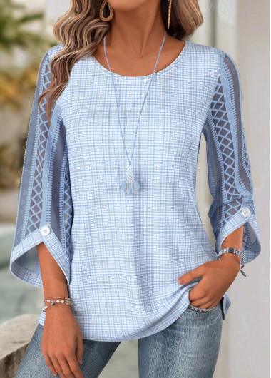 women clothes image of Light Blue 3/4 Sleeve Round Neck Blouse