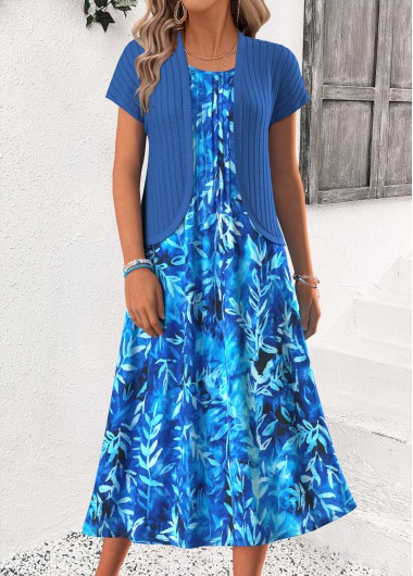 women clothes image of Blue Leaf Print Two-piece Short Sleeve Dress and Cardigan