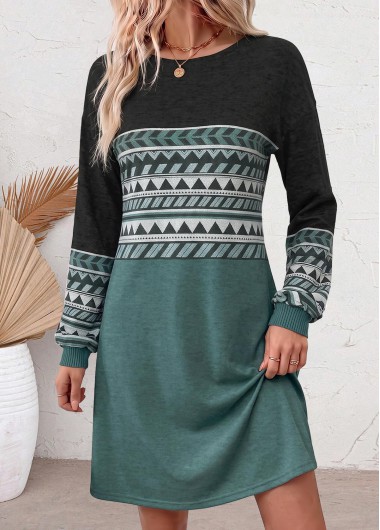 women clothes image of Turquoise Tribal Print Short Tummy Coverage Long Sleeve Dress