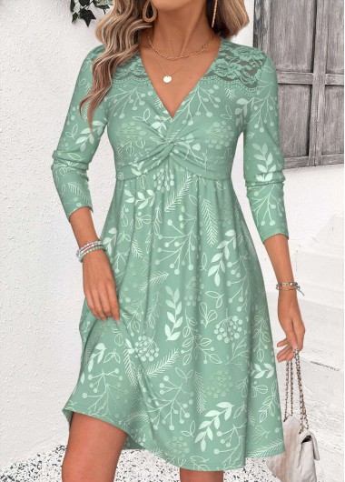 women clothes image of Mint Green Leaf Print Short Patchwork Long Sleeve Dress