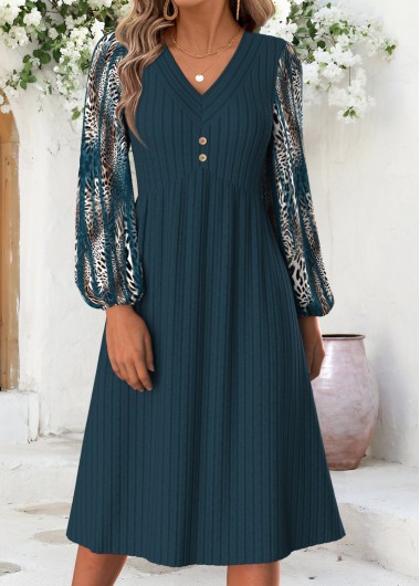 women clothes image of Dark Blue Leopard Long Sleeve V Neck Dress