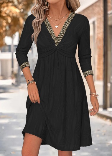 women clothes image of Black Short Smocked Long Sleeve V Neck Dress