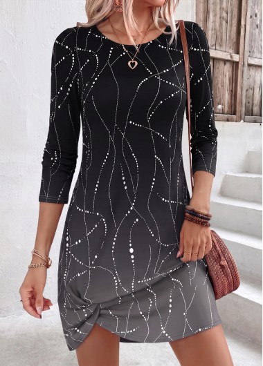 women clothes image of Black Ombre Short Twist Long Sleeve Round Neck Dress