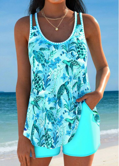 women clothes image of Curved Hem Light Blue Ocean Print Tankini Set