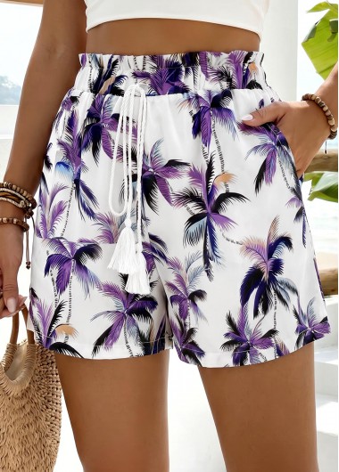 women clothes image of Purple Plants Print Elastic Waist High Waisted Shorts